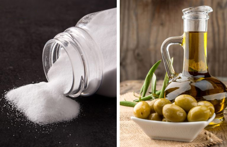 Trộn baking soda với dầu olive thành hỗn hợp sệt để tẩy keo